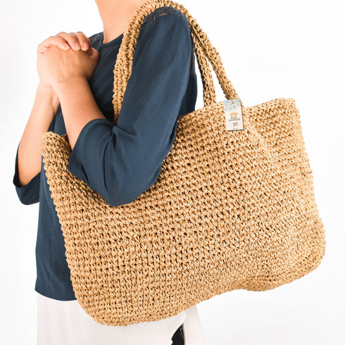 Khaki Large Raffia Croched Bag – Stylish Beach Essential