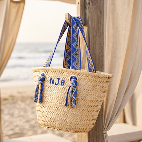 Handmade personalized Moroccan woven straw tote with blue patterned handles and custom initials 5