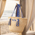 Handmade personalized Moroccan woven straw tote with blue patterned handles and custom initials 5
