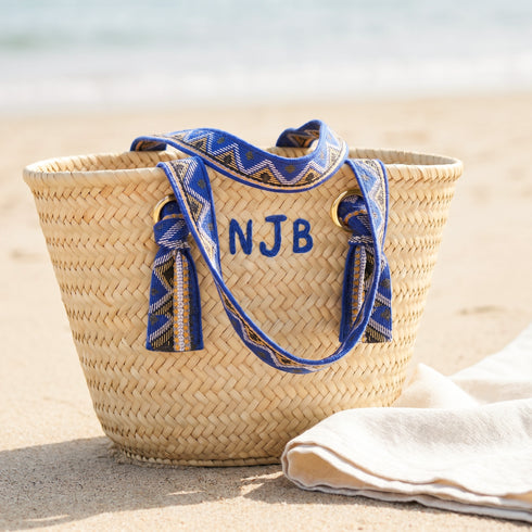 Handmade personalized Moroccan woven straw tote with blue patterned handles and custom initials 6