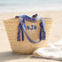Handmade personalized Moroccan woven straw tote with blue patterned handles and custom initials 6