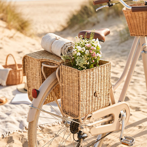 Handmade Reed Bicycle Basket Luggage Rack With Dual Straw Pockets | Summer Bike Decor Gift