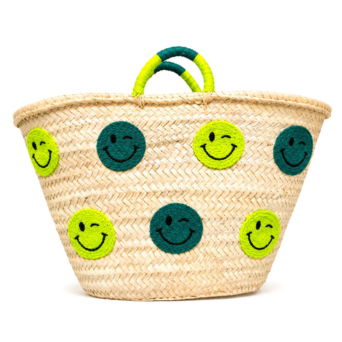 Smiley Face Straw Basket Bag | Handmade Moroccan Beach Tote Bag