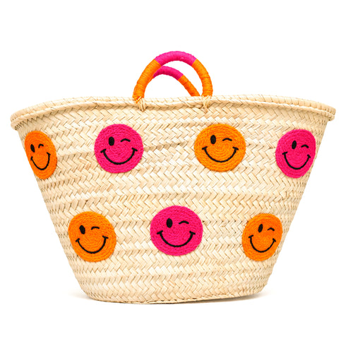 Smiley Face Straw Basket Bag | Handmade Moroccan Beach Tote Bag