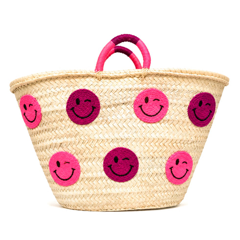 Smiley Face Straw Basket Bag | Handmade Moroccan Beach Tote Bag