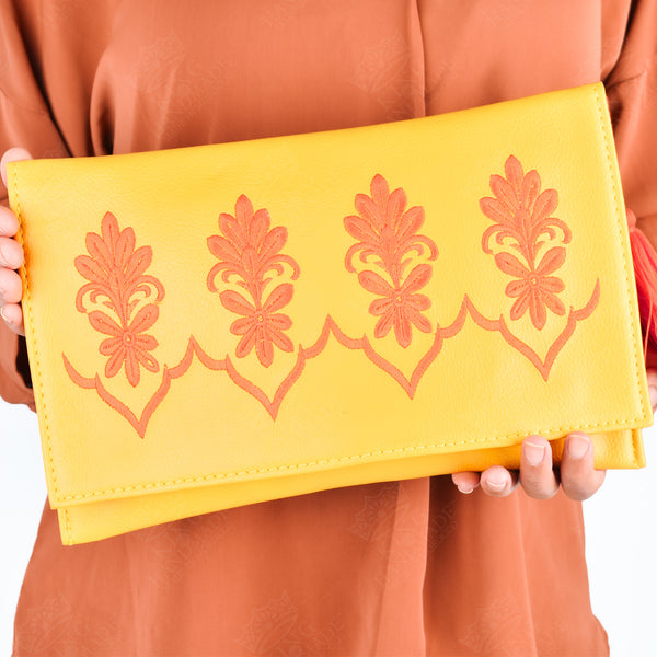 Vibrant Yellow Leather Clutch – Orange Embroidery for Chic Summer Style