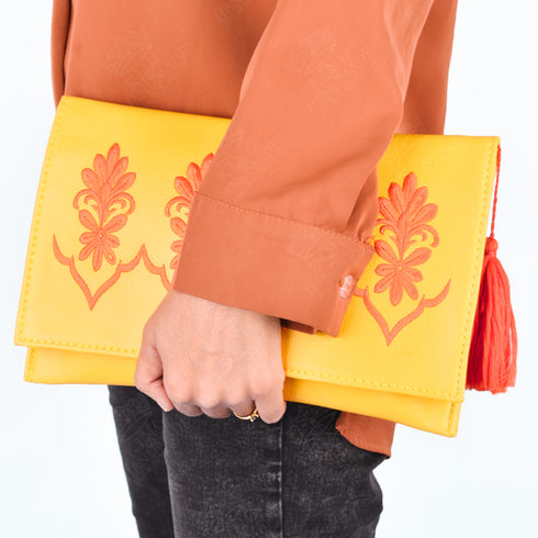 Vibrant Yellow Leather Clutch – Orange Embroidery for Chic Summer Style