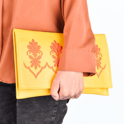 Vibrant Yellow Leather Clutch – Orange Embroidery for Chic Summer Style