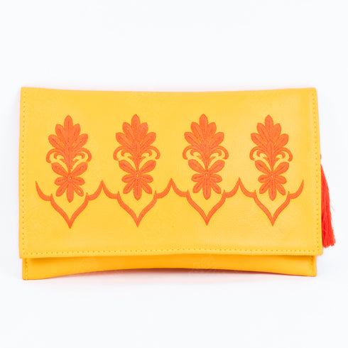 Vibrant Yellow Leather Clutch – Orange Embroidery for Chic Summer Style