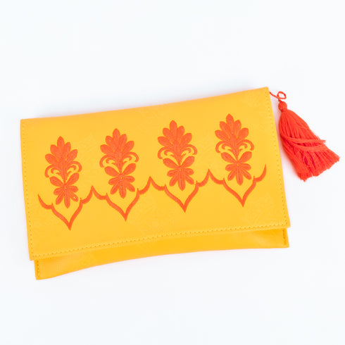 Vibrant Yellow Leather Clutch – Orange Embroidery for Chic Summer Style