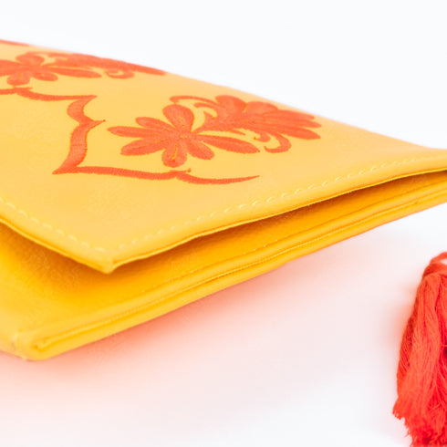 Vibrant Yellow Leather Clutch – Orange Embroidery for Chic Summer Style