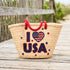 Handwoven straw beach tote with “I Love USA” embroidery and American flag heart, natural palm leaf basket with red rope handles, stylish patriotic travel and summer bag for women