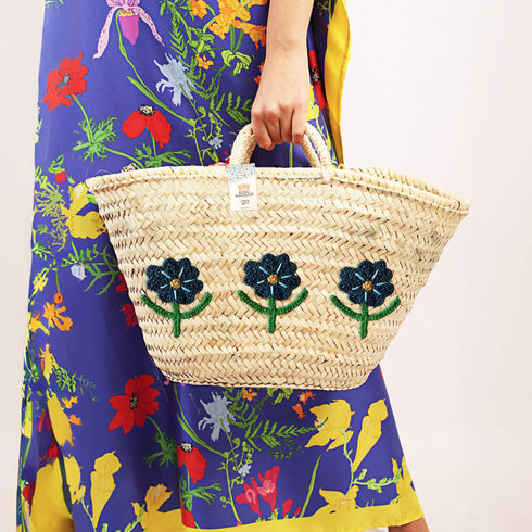 Handwoven Daisy Flower Basket - Personalized Straw Tote