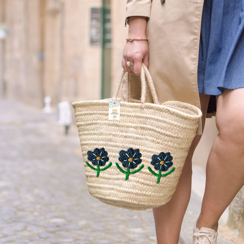 Handwoven Daisy Flower Basket - Personalized Straw Tote