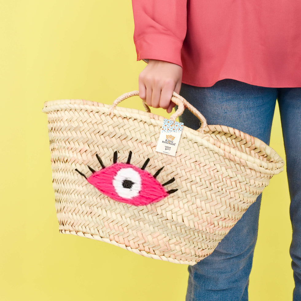 Straw Beach Bag – Pink Evil Eye Embroidered Tote