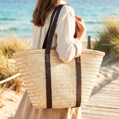 Moroccan Ribbon Leather Beach Bag | Large Woven Straw Tote with Brown Leather Handles | Vacation, Beach & Holiday Basket
