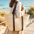 Moroccan Ribbon Leather Beach Bag | Large Woven Straw Tote with Brown Leather Handles | Vacation, Beach & Holiday Basket