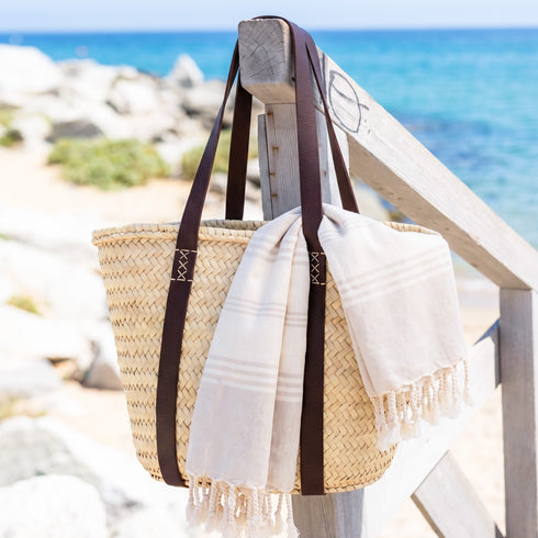 Moroccan Ribbon Leather Beach Bag | Large Woven Straw Tote with Brown Leather Handles | Vacation, Beach & Holiday Basket