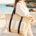 Moroccan Ribbon Leather Beach Bag | Large Woven Straw Tote with Brown Leather Handles | Vacation, Beach & Holiday Basket