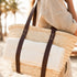Moroccan Ribbon Leather Beach Bag | Large Woven Straw Tote with Brown Leather Handles | Vacation, Beach & Holiday Basket
