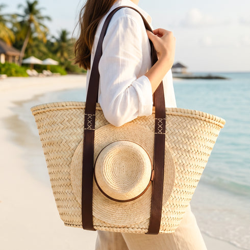 Moroccan Ribbon Leather Beach Bag | Large Woven Straw Tote with Brown Leather Handles | Vacation, Beach & Holiday Basket