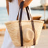 Moroccan Ribbon Leather Beach Bag | Large Woven Straw Tote with Brown Leather Handles | Vacation, Beach & Holiday Basket