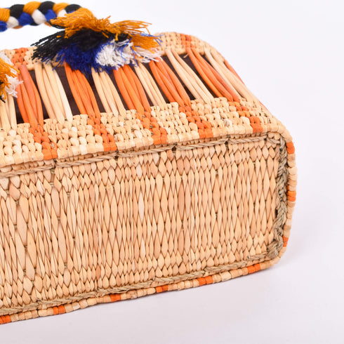 Handwoven Moroccan Reed Basket with Orange Stripe