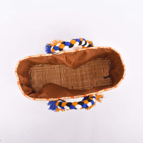 Handwoven Moroccan Reed Basket with Orange Stripe