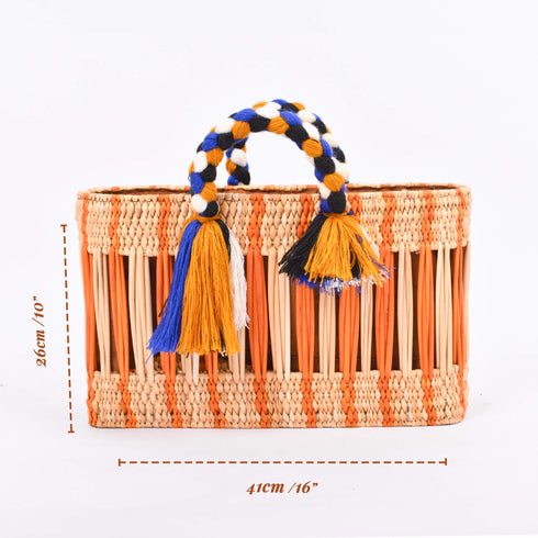 Handwoven Moroccan Reed Basket with Orange Stripe