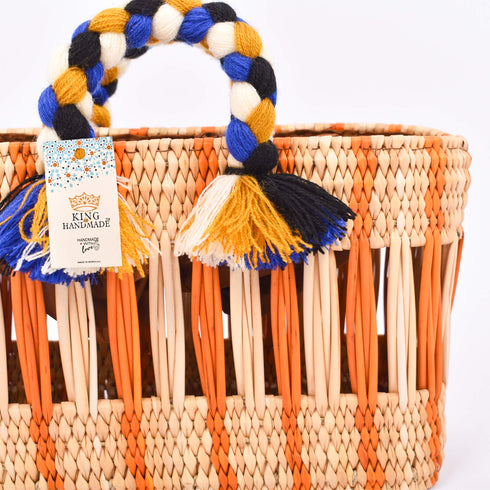 Handwoven Moroccan Reed Basket with Orange Stripe