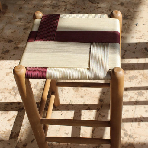 Handwoven Morrocan Backless Chair - Walnut Wood Finish And Natural Rope