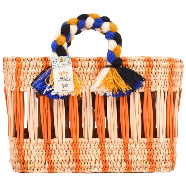 Handwoven Moroccan Reed Basket with Orange Stripe