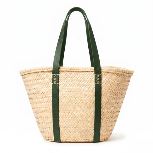 Moroccan Ribbon Green Leather Beach Bag | Large Woven Straw Tote with Green Leather Handles | Summer Vacation, Beach & Holiday Gift