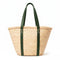 Moroccan Ribbon Green Leather Beach Bag | Large Woven Straw Tote with Green Leather Handles | Summer Vacation, Beach & Holiday Gift