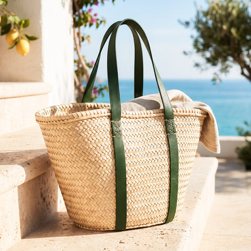 Moroccan Ribbon Green Leather Beach Bag | Large Woven Straw Tote with Green Leather Handles | Summer Vacation, Beach & Holiday Gift