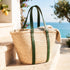Moroccan Ribbon Green Leather Beach Bag | Large Woven Straw Tote with Green Leather Handles | Summer Vacation, Beach & Holiday Gift