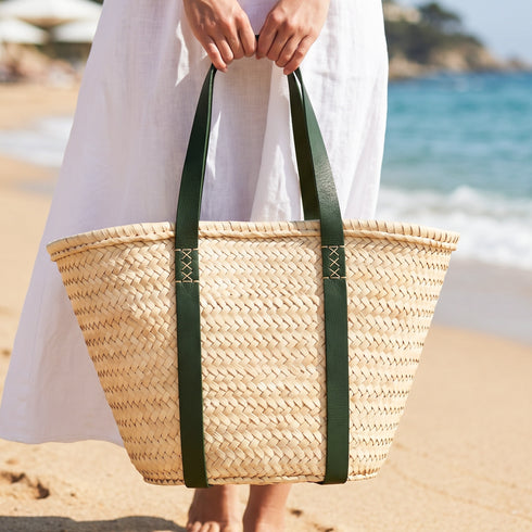 Moroccan Ribbon Green Leather Beach Bag | Large Woven Straw Tote with Green Leather Handles | Summer Vacation, Beach & Holiday Gift