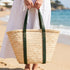 Moroccan Ribbon Green Leather Beach Bag | Large Woven Straw Tote with Green Leather Handles | Summer Vacation, Beach & Holiday Gift