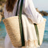 Moroccan Ribbon Green Leather Beach Bag | Large Woven Straw Tote with Green Leather Handles | Summer Vacation, Beach & Holiday Gift