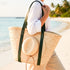 Moroccan Ribbon Green Leather Beach Bag | Large Woven Straw Tote with Green Leather Handles | Summer Vacation, Beach & Holiday Gift