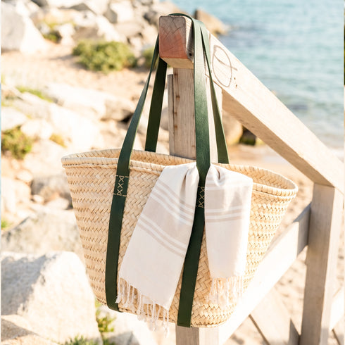 Moroccan Ribbon Green Leather Beach Bag | Large Woven Straw Tote with Green Leather Handles | Summer Vacation, Beach & Holiday Gift