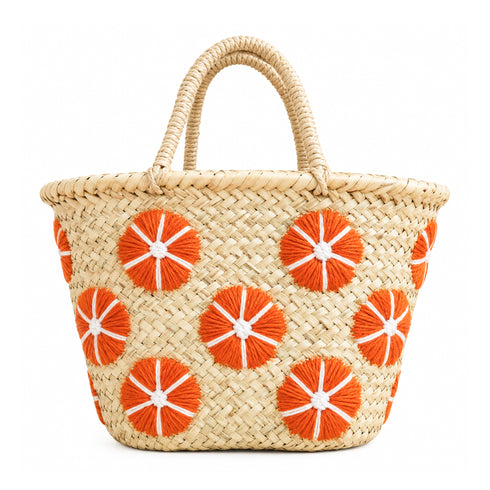 Straw Fall Tote Bag | Halloween Basket with Embroidered Flowers