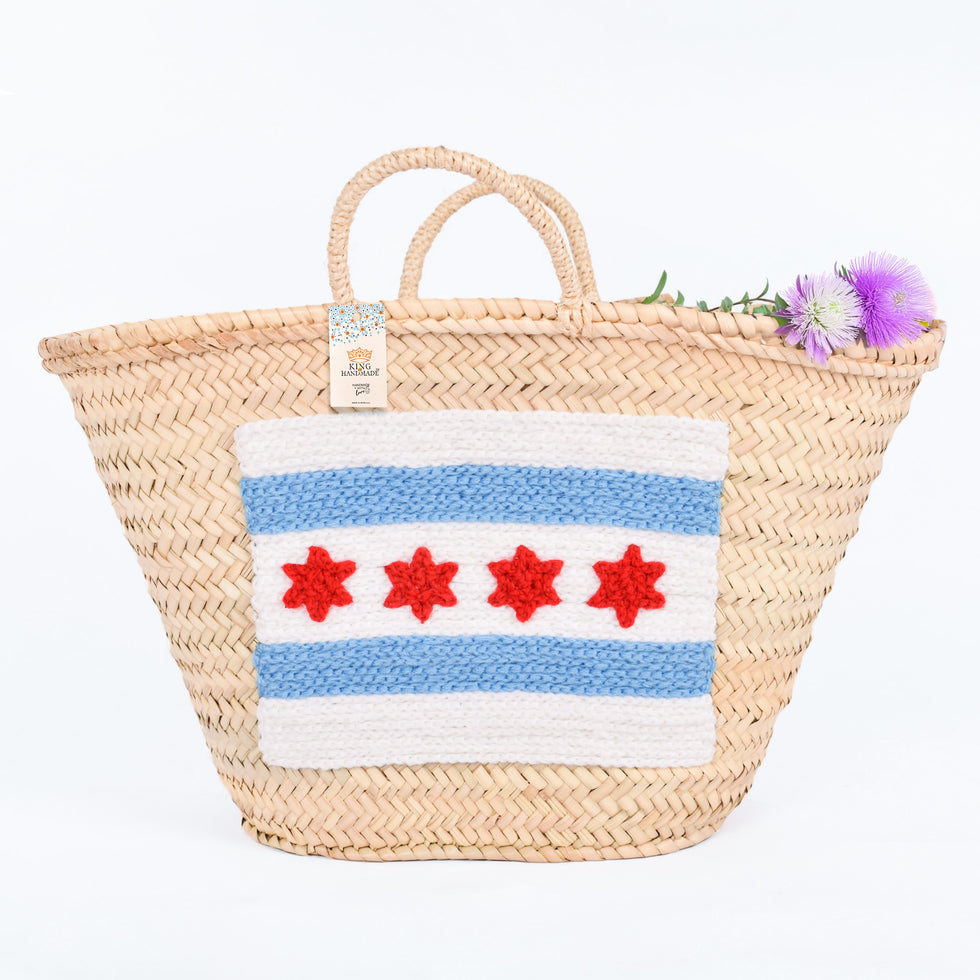 Straw Beach Bag – Chicago Flag Embroidered Moroccan Tote