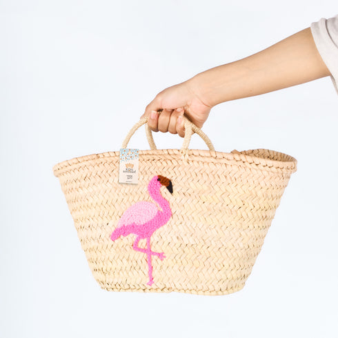 Flamingo Embroidered Basket 🦩- Tropical Handwoven Summer Tote