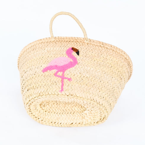 Flamingo Embroidered Basket 🦩- Tropical Handwoven Summer Tote