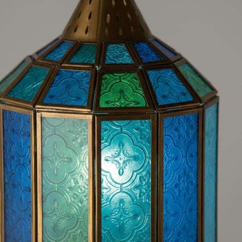 Handmade Moroccan Glass Lantern - Blue Brass Mosaic Pendant