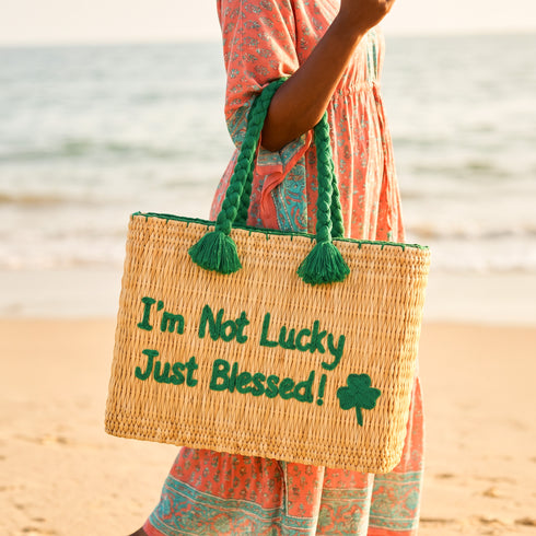 I’m Not Lucky Just Blessed! Personalized Moroccan Wicker Bag 🍀 | Embroidered Summer Tote
