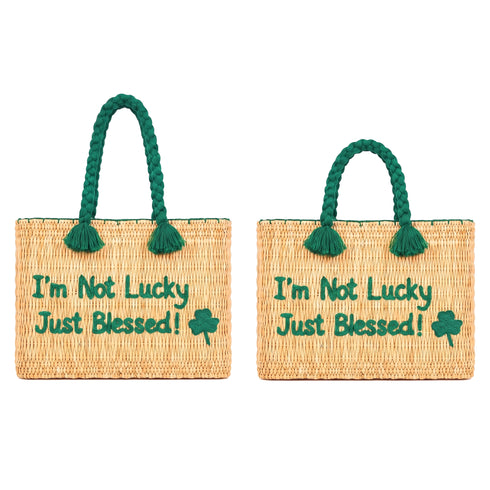 Straw Tote – 'Not Lucky Just Blessed' Embroidered Bag