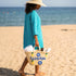 Medium Kalimera Greek straw beach bag with lemon embroidery and blue evil eye symbol, handmade Moroccan palm leaf basket tote for summer vacation and Mediterranean resort style