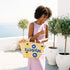 Medium Kalimera Greek straw beach bag with lemon embroidery and blue evil eye symbol, handmade Moroccan palm leaf basket tote for summer vacation and Mediterranean resort style
